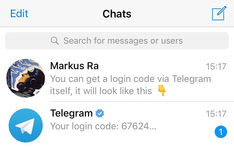 Код входа в Telegram в чате